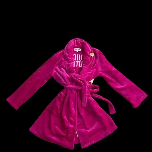 Juicy Couture Barbiecore Pink Silver Sequined Logo Plush Robe Sz S/M - Picture 5 of 10